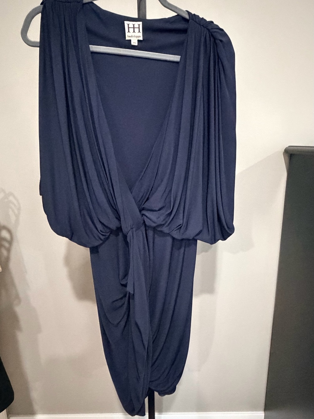 Haute Hippie Navy One-Shoulder Draped Twist Dress